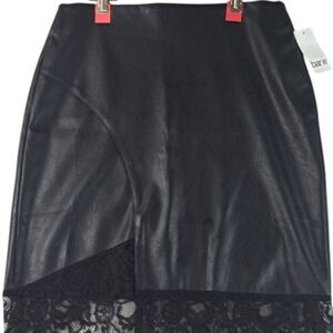 Black Lace Trim Leather Skirt